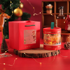 圣诞苹果糖果零食空礼盒 圆筒盒+礼袋+拉菲草+灯组合 圣诞节礼物