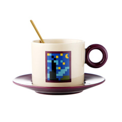 【指环手柄款】莫兰迪陶瓷咖啡杯碟套装 ins风家用花茶杯 生日礼品