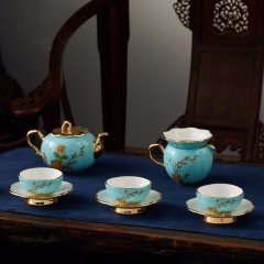 国瓷永丰源（auratic）夫人瓷西湖蓝12头陶瓷泡茶杯 家用中国风杯子茶具套装 拜访礼品